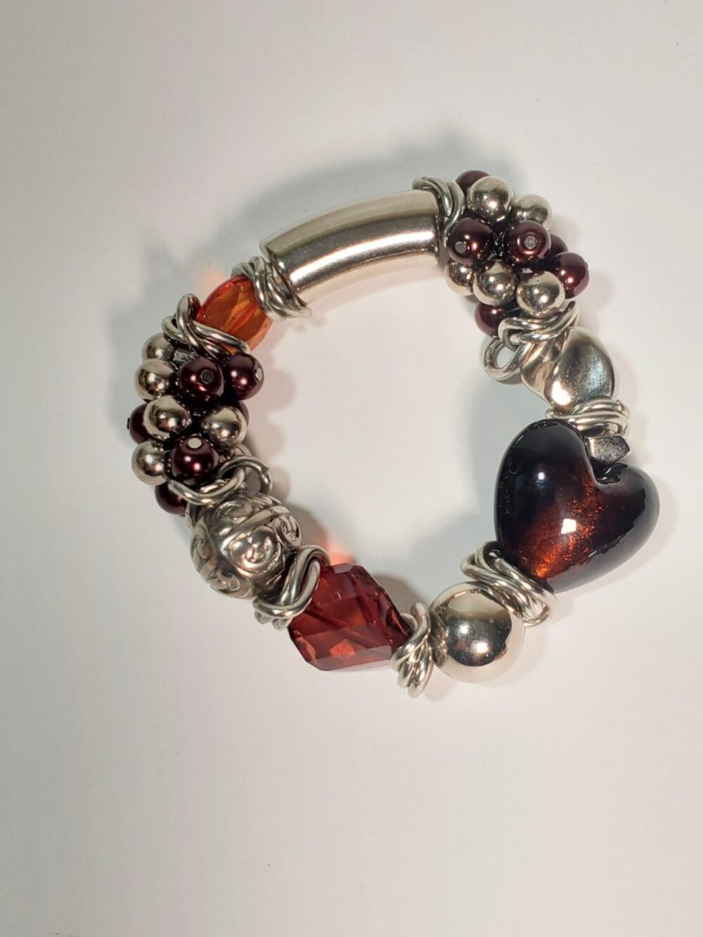 Brown Heart Charm Stretch Bracelet -  Silver Accent Beads